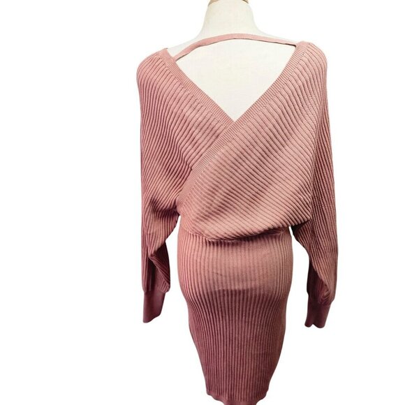 Love Tree Blush Pink Sweater Dress Sz L Blouson Waist Off Shoulder Surplice Neck - Picture 2 of 10